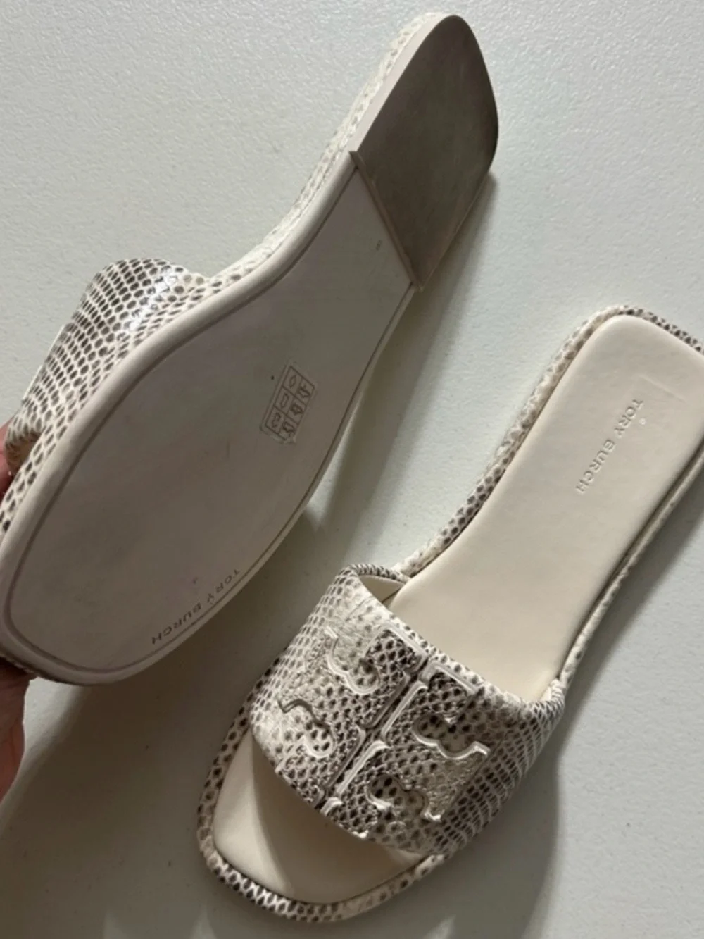 Tory Burch Ivory Snake-Embossed Slide Mules